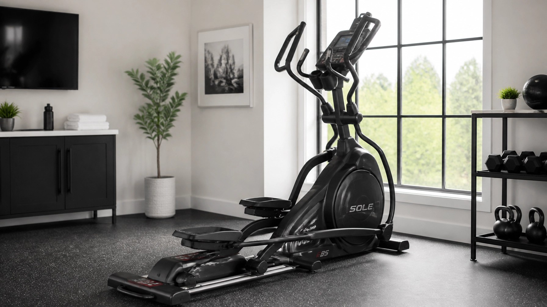 Modern home gym setup featuring a high-end cross trainer elliptical machine
