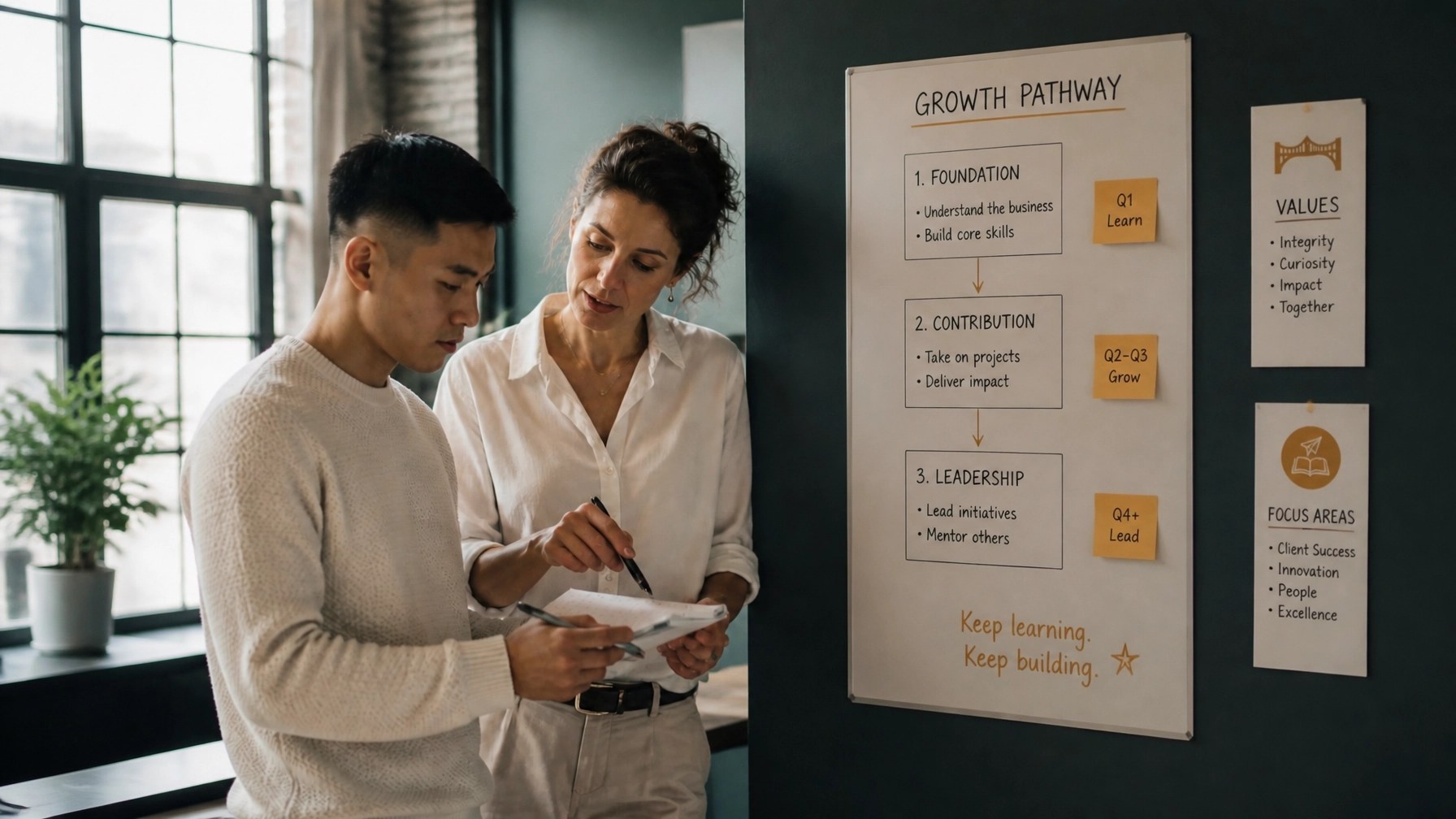 An early career worker reviews a pathway of projects and goals with a mentor in an authentic workplace setting