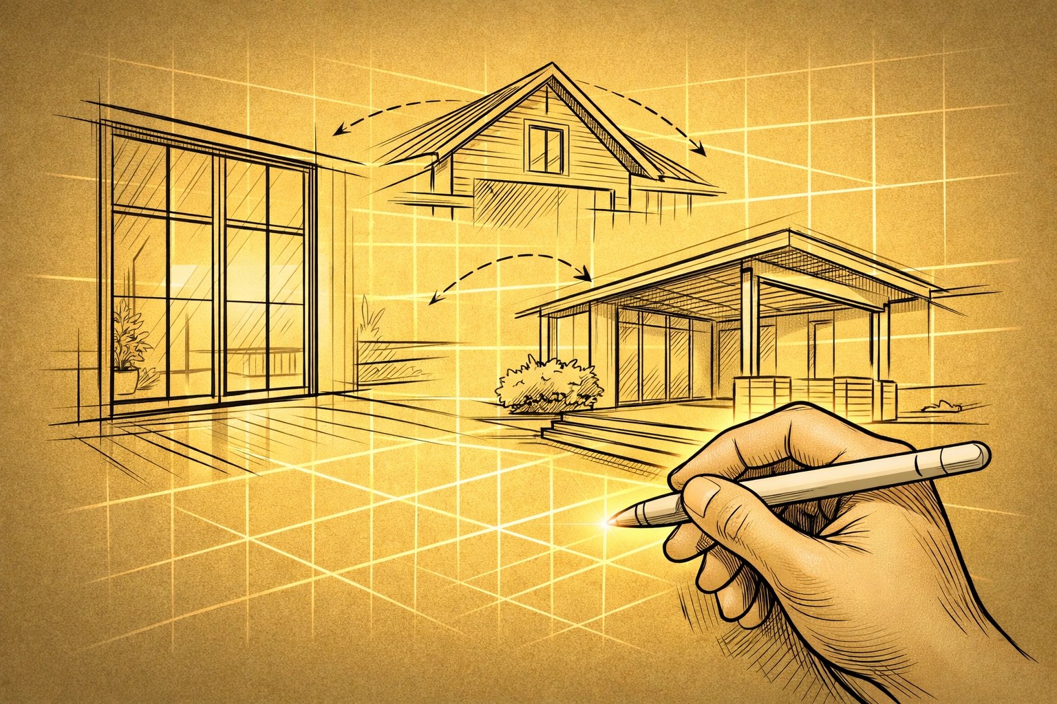 Hand sketching custom architectural details on a digital grid for personalized home building.