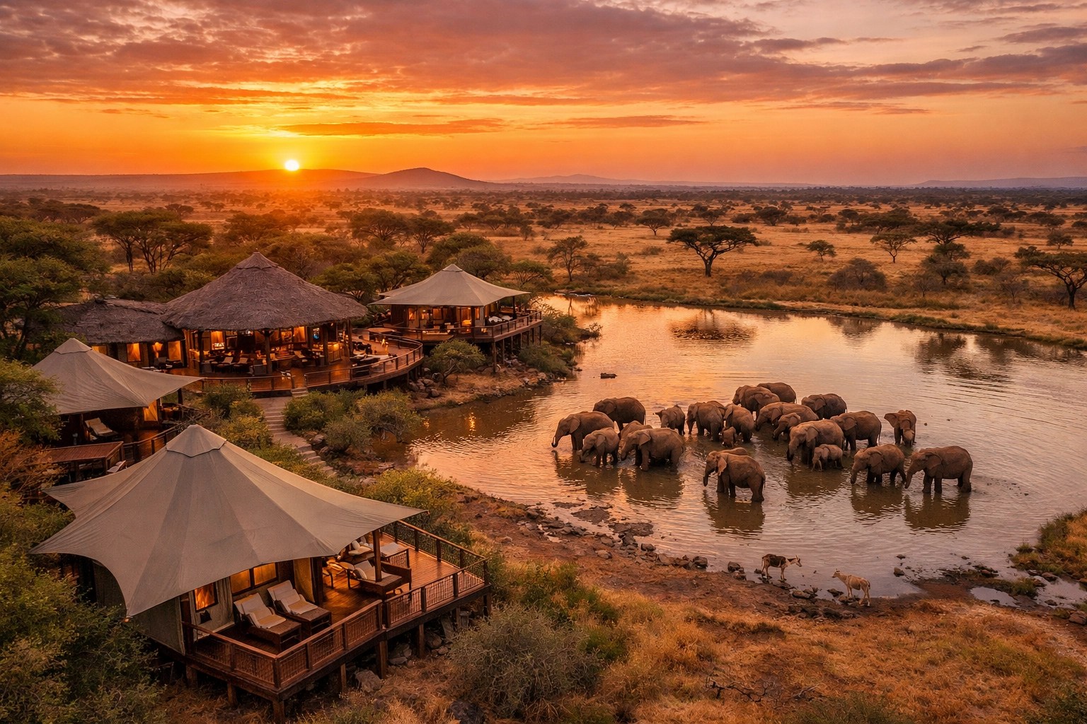 Luxury African safari lodge overlooking watering hole with elephants at sunset
