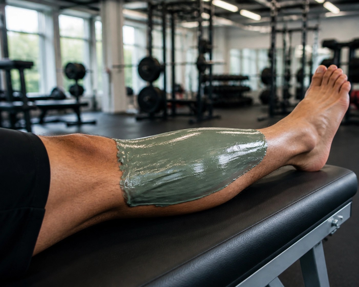 Deep green healing clay applied to an athlete's calf muscle for targeted inflammation relief.