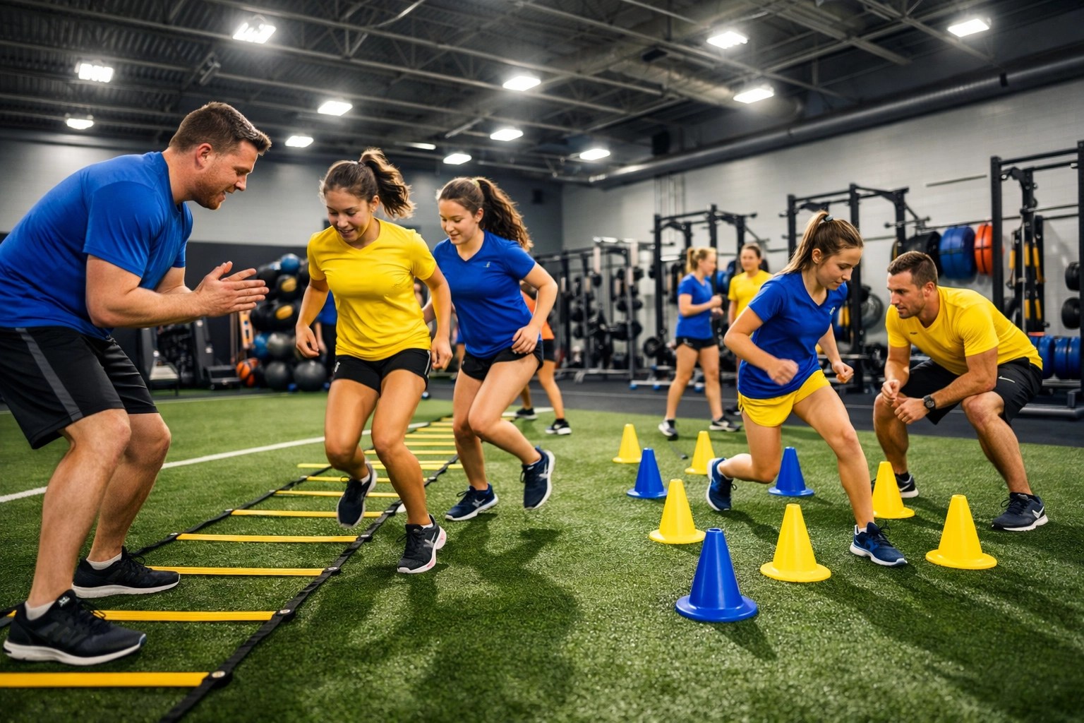 Girls flag football training facility in Atlanta with coaches leading agility drills