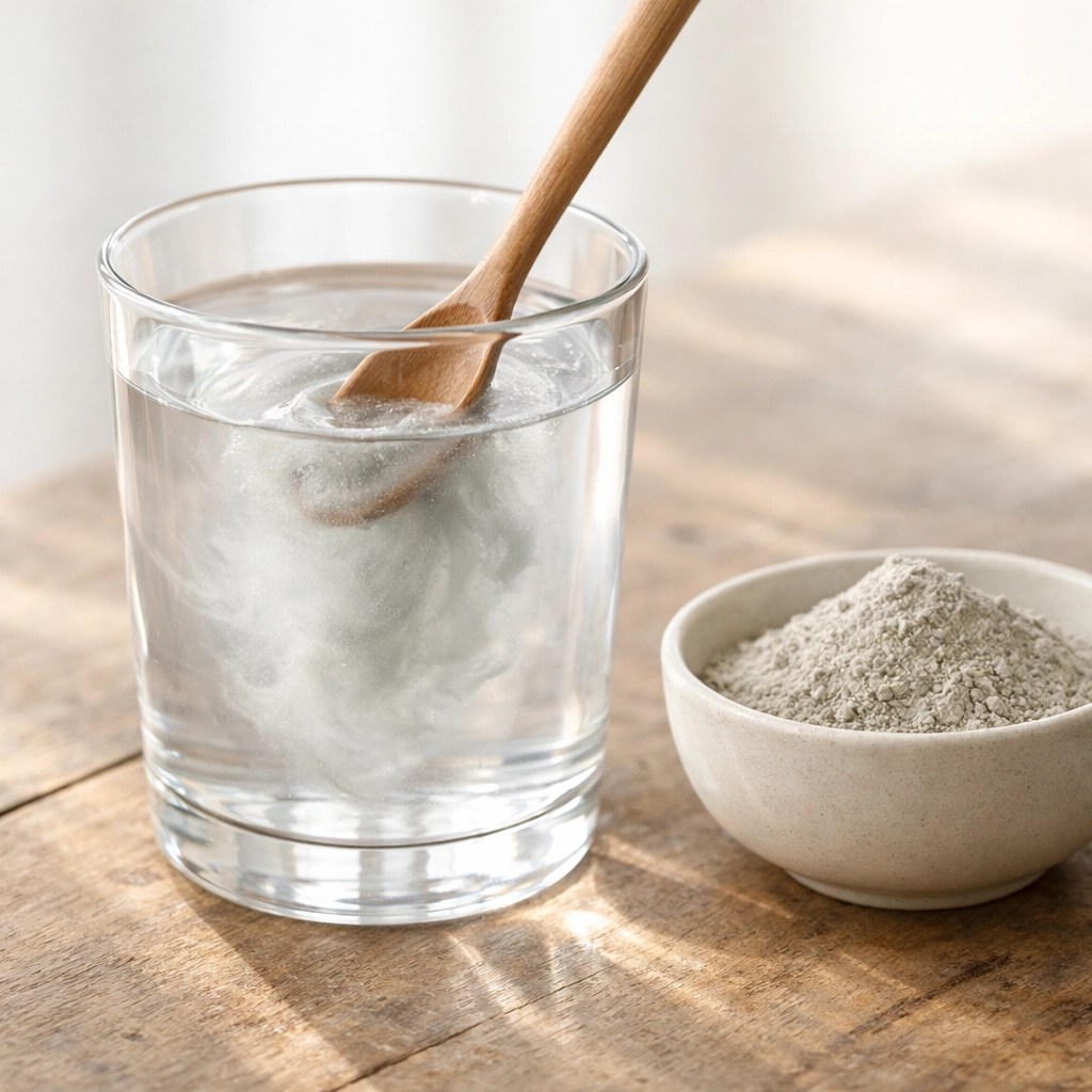 Stirring food grade montmorillonite clay into water for a natural clay detox drink.