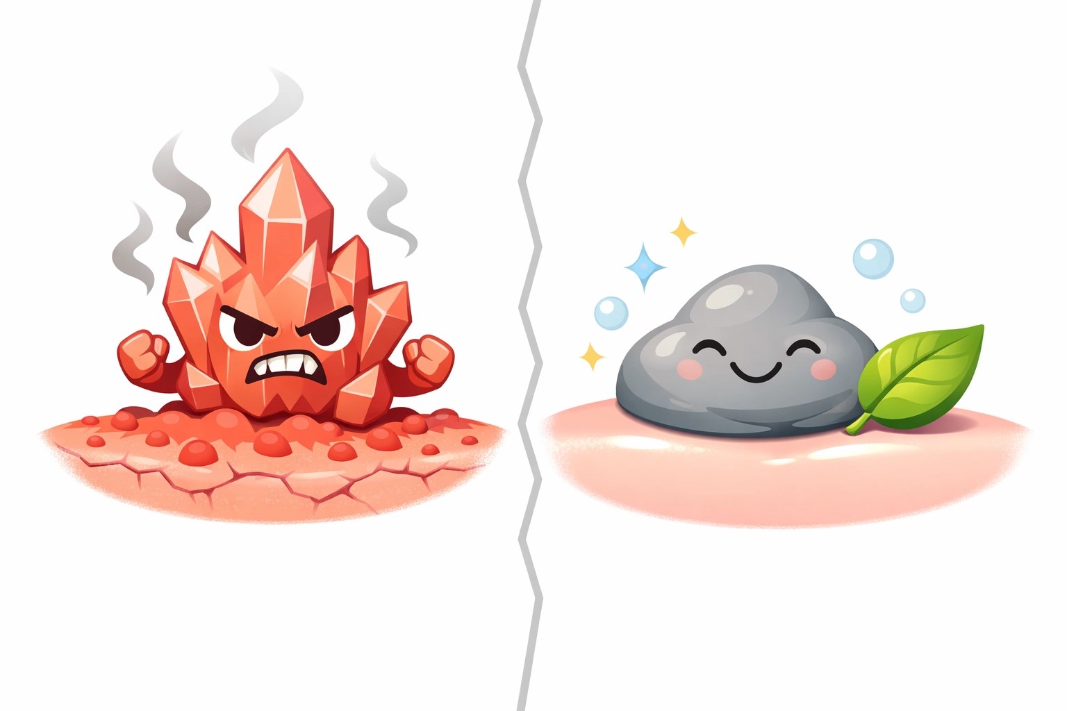 Comparison of harsh chemicals causing skin irritation versus soothing natural deodorant ingredients for sensitive skin.