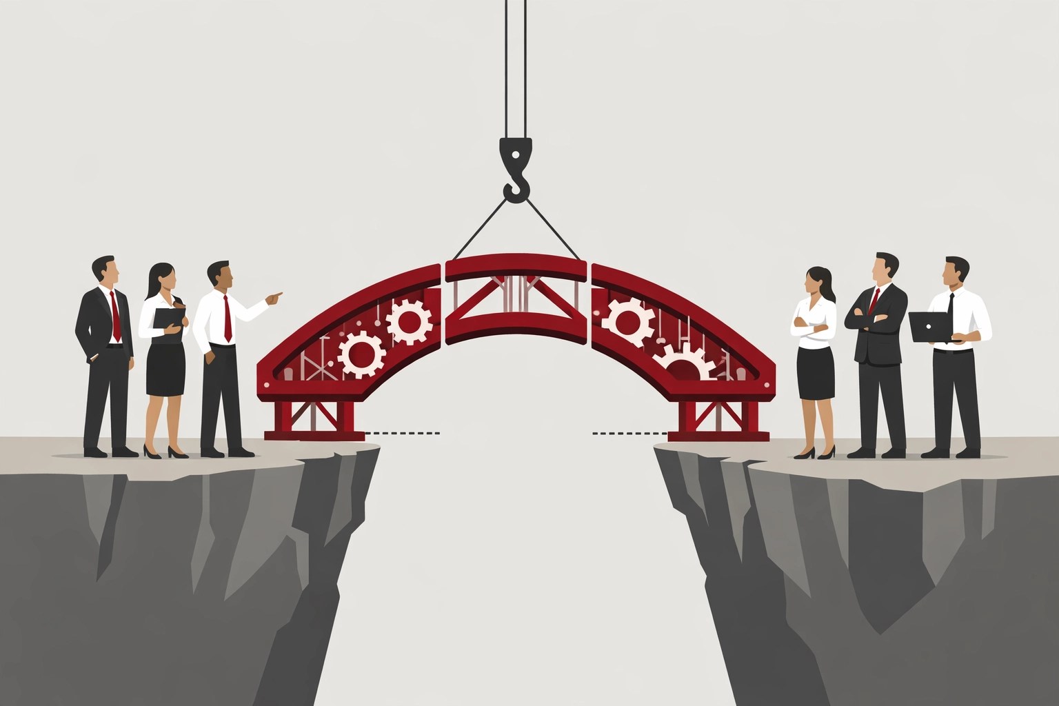 Illustration of a red bridge connecting teams, symbolizing operational consulting aligning board vision with execution.