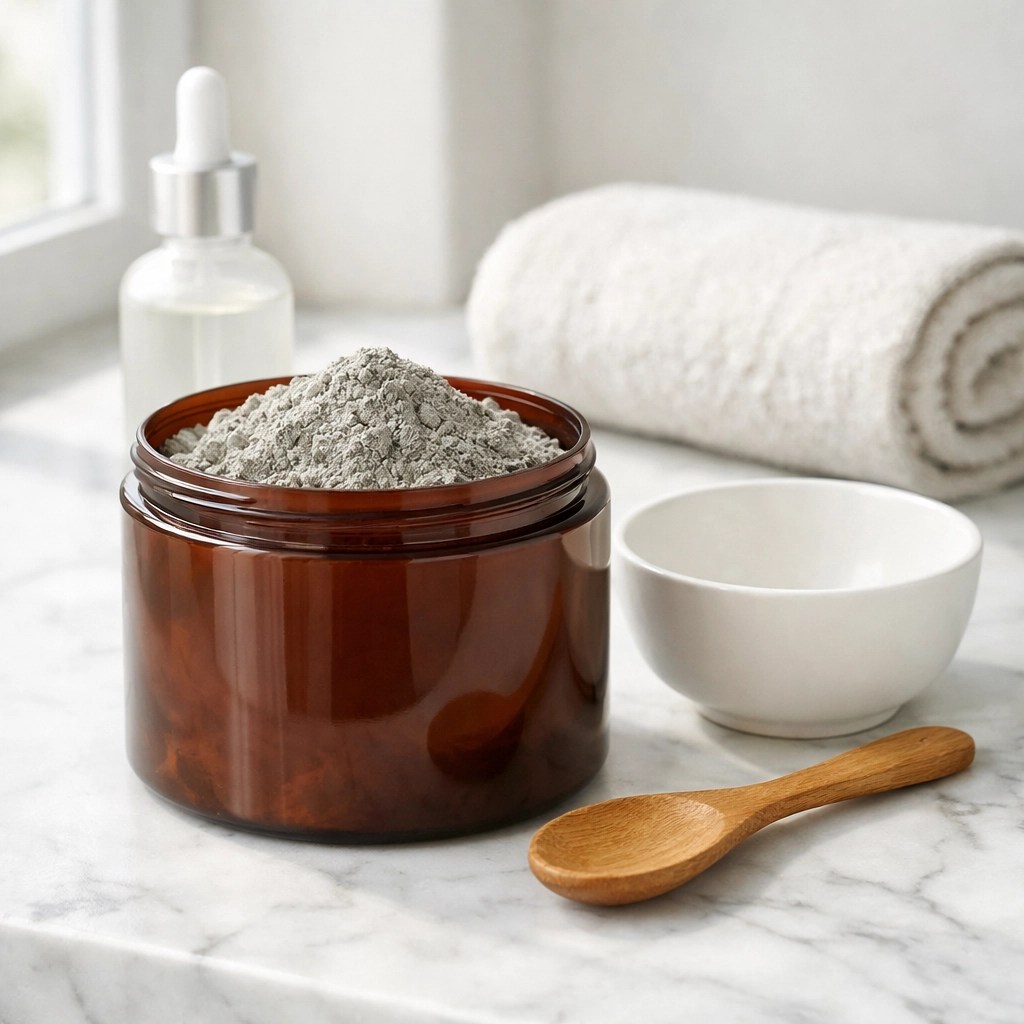 Natural clay mask powder and mixing bowl on a bathroom counter for deep pore cleansing.