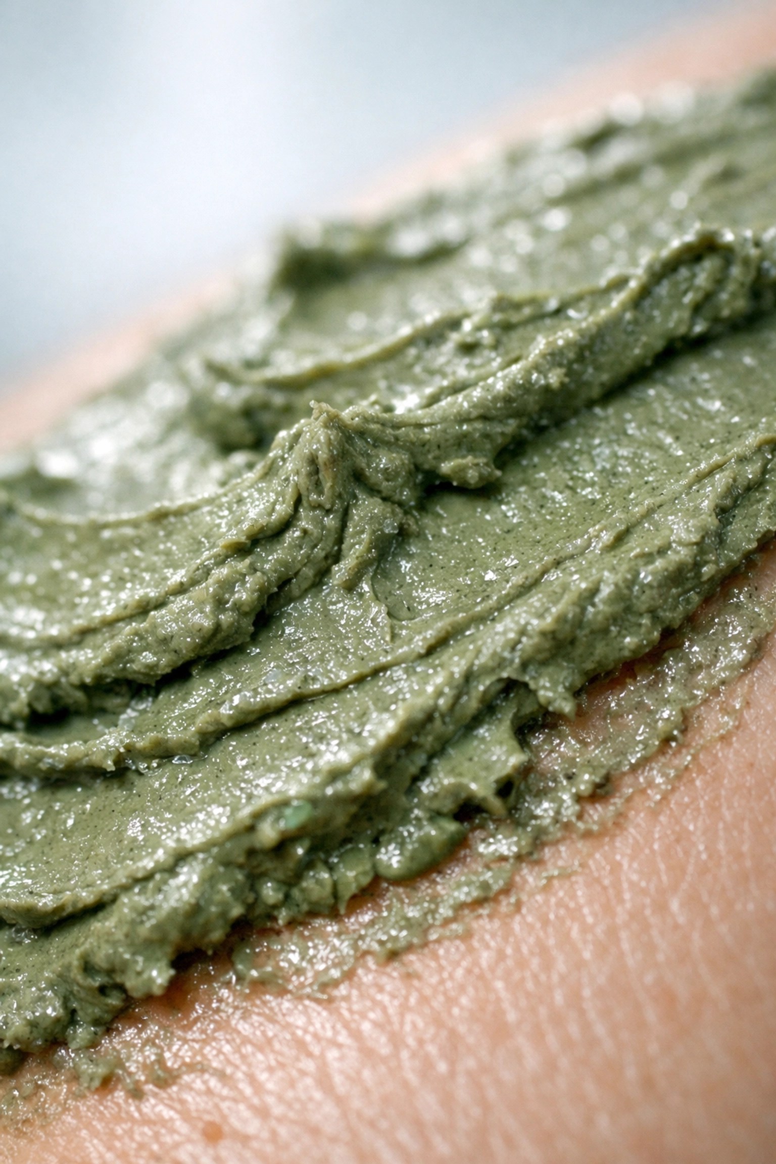 Macro view of textured green illite clay on skin showing mineral richness for natural healing.