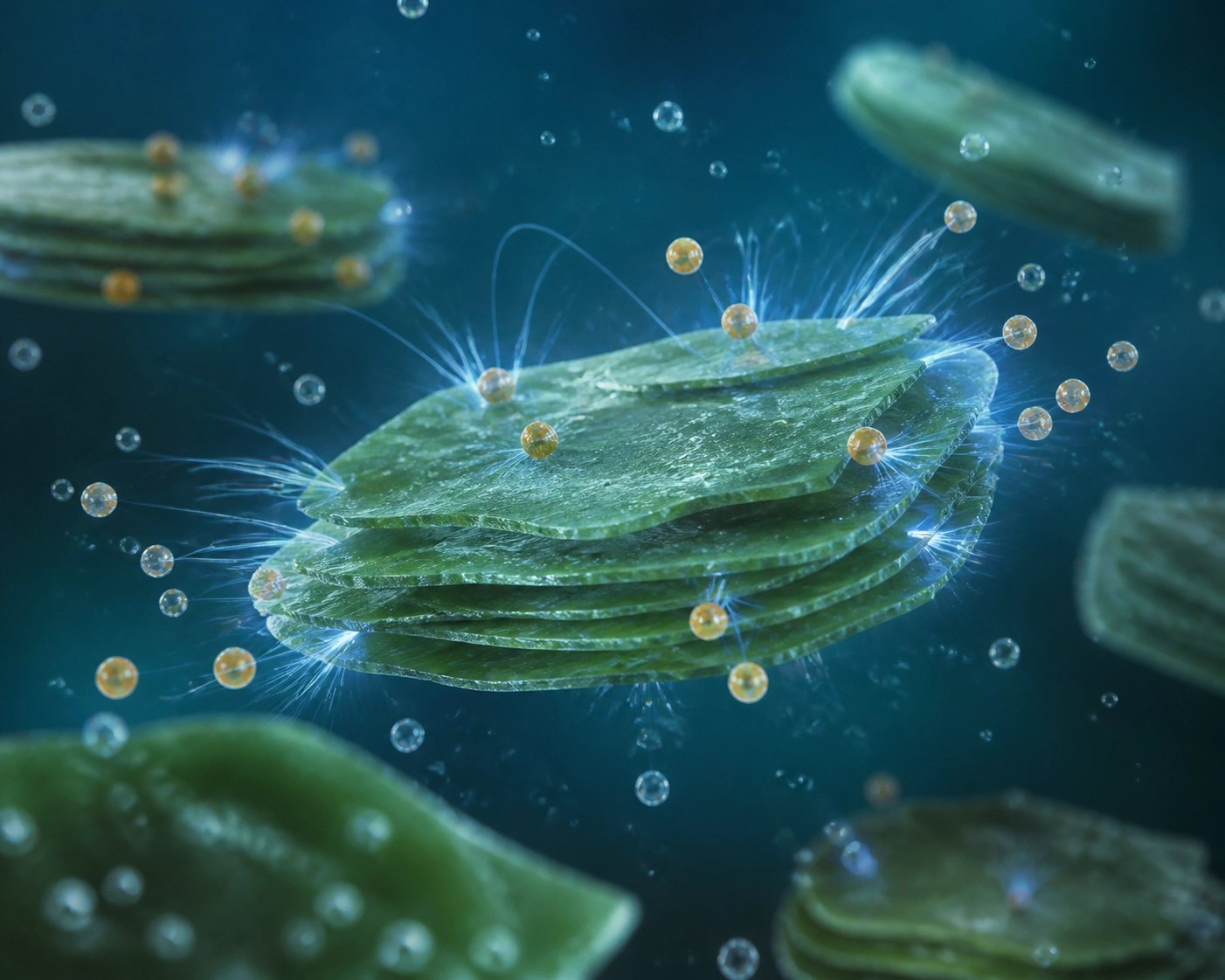 Microscopic green clay particles using ionic charge to attract and detoxify harmful toxins.