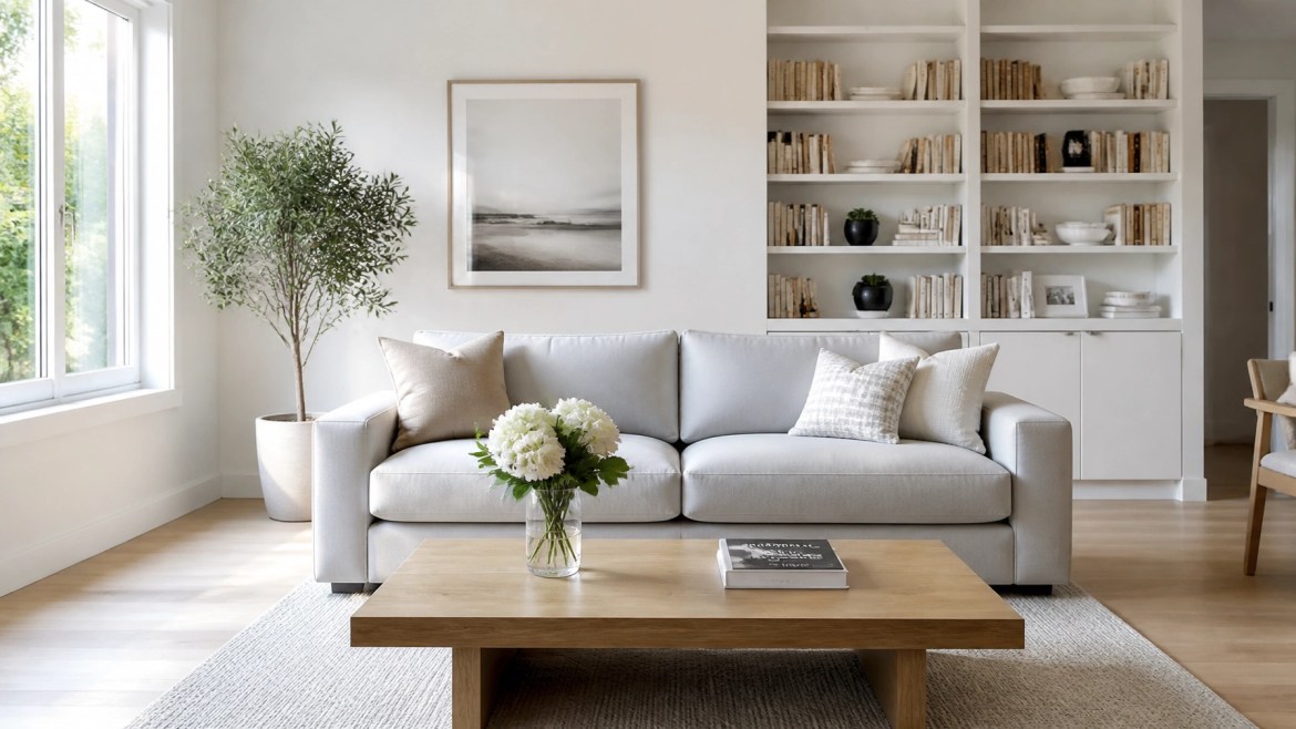 A bright, modern, and minimalist living room that is perfectly organized and decluttered. The space features a clean light gray sofa with a few neatly placed pillows, a wooden coffee table with only a single book and a small vase of flowers, and a large window letting in natural sunlight.