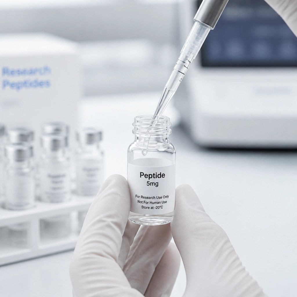A close-up of a high-tech medical laboratory setup with a precision micro-pipette and peptide vial.