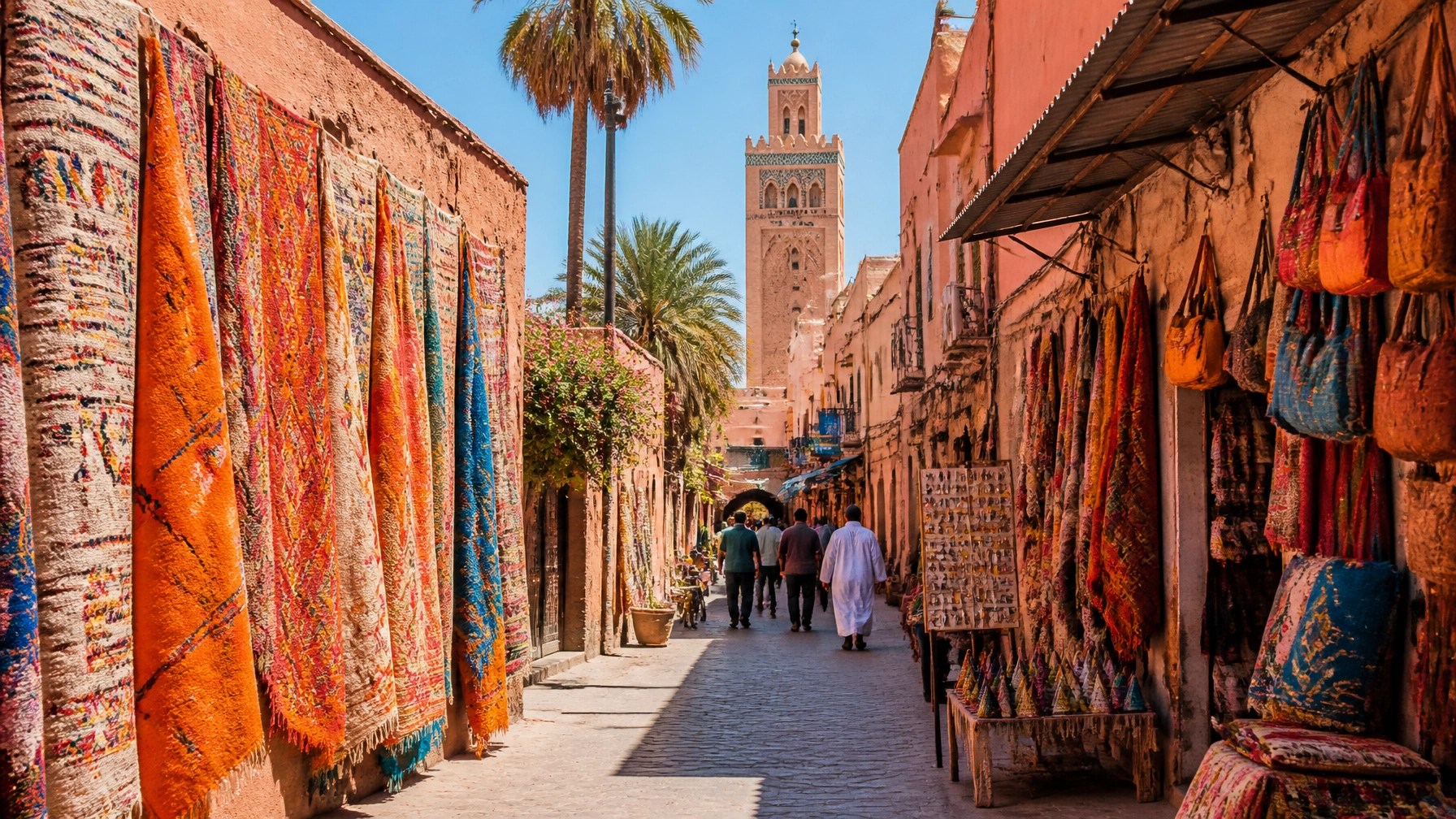 Vibrant sunny daytime Marrakech medina with colourful textiles and lush palm trees