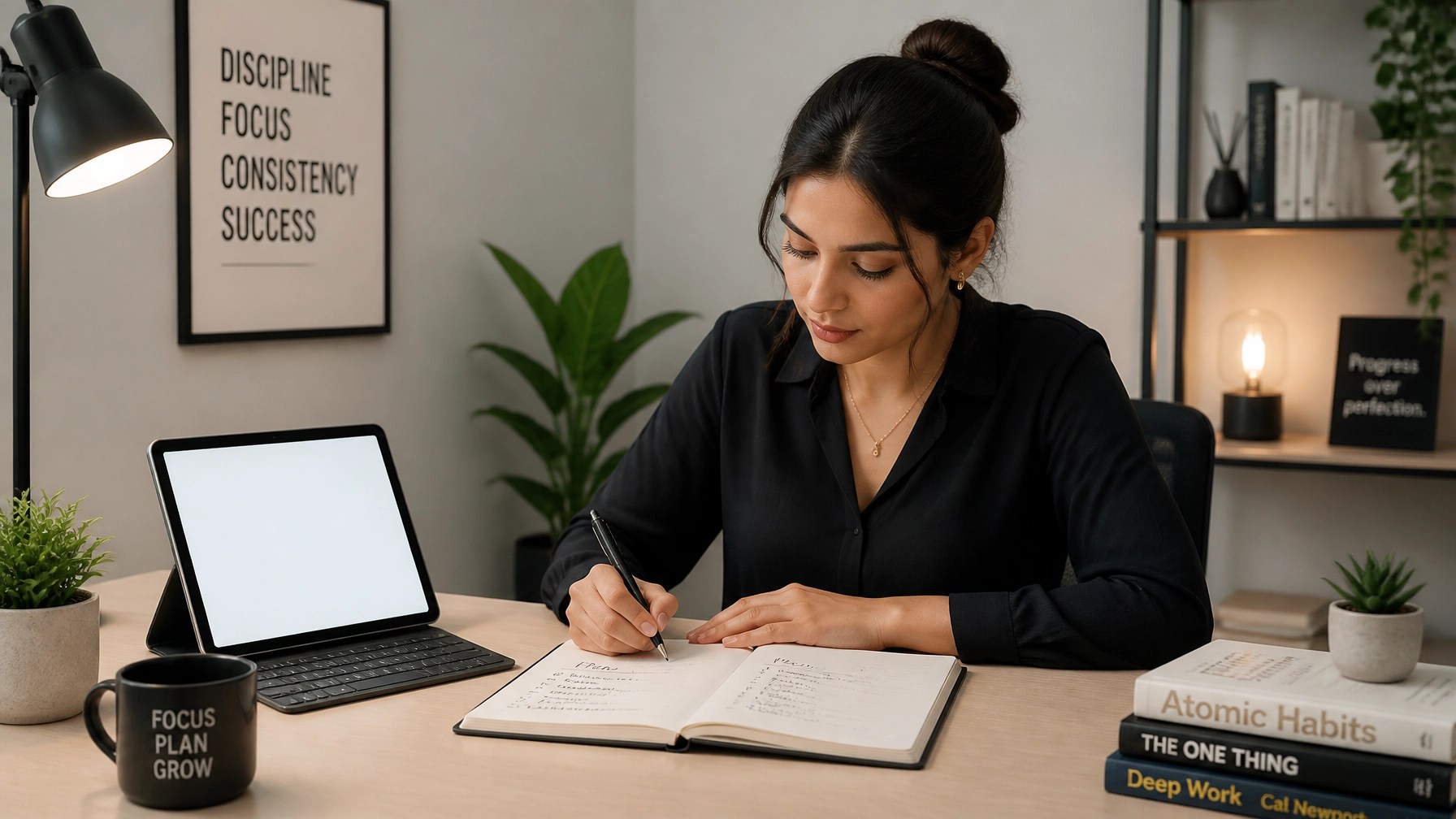 A focused young professional working at a minimal desk setup with a tablet displaying a blank screen, an open notebook with handwritten notes