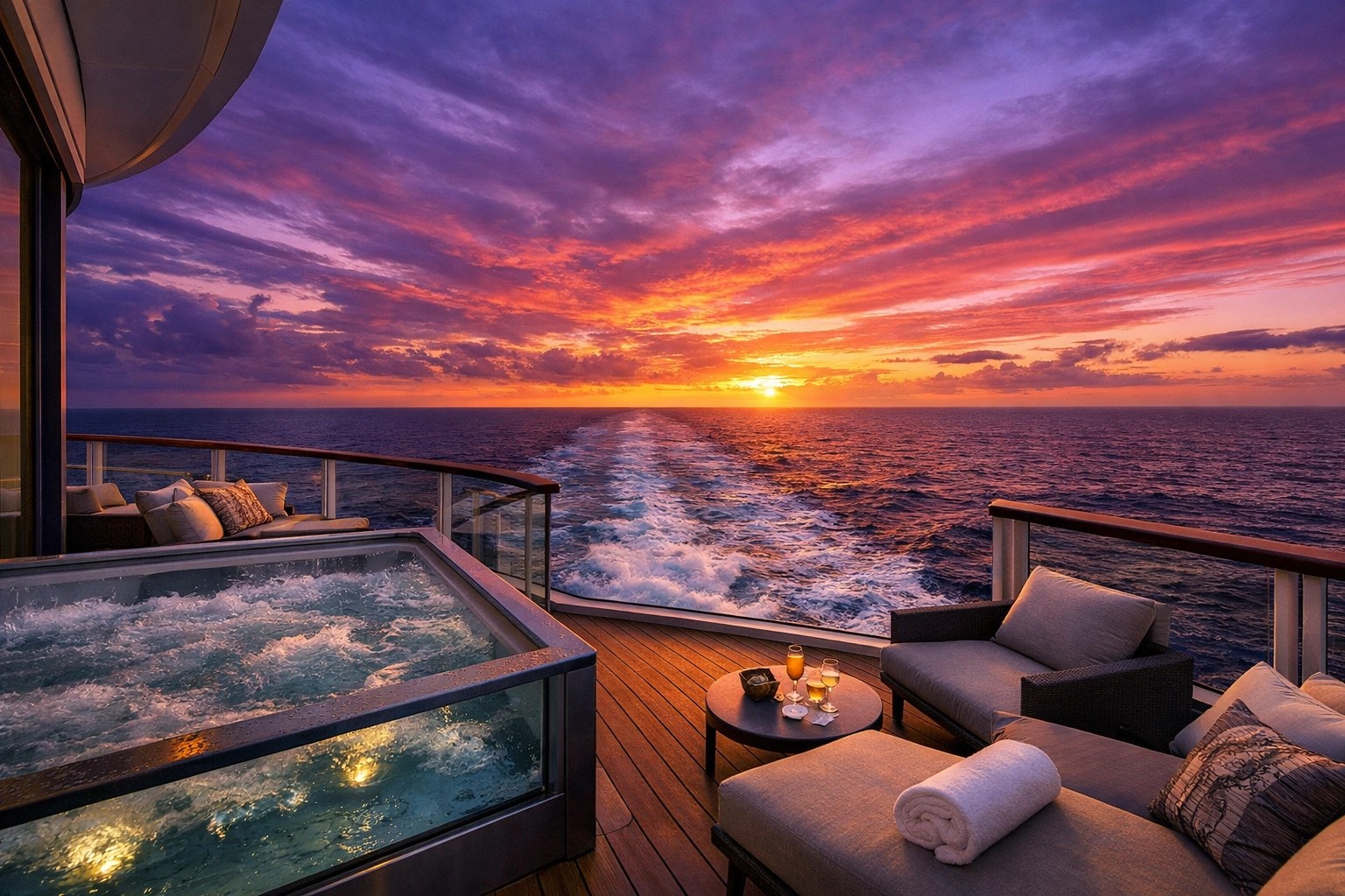 Sunset Corner Suite with private balcony whirlpool on the Hero of the Seas cruise ship.