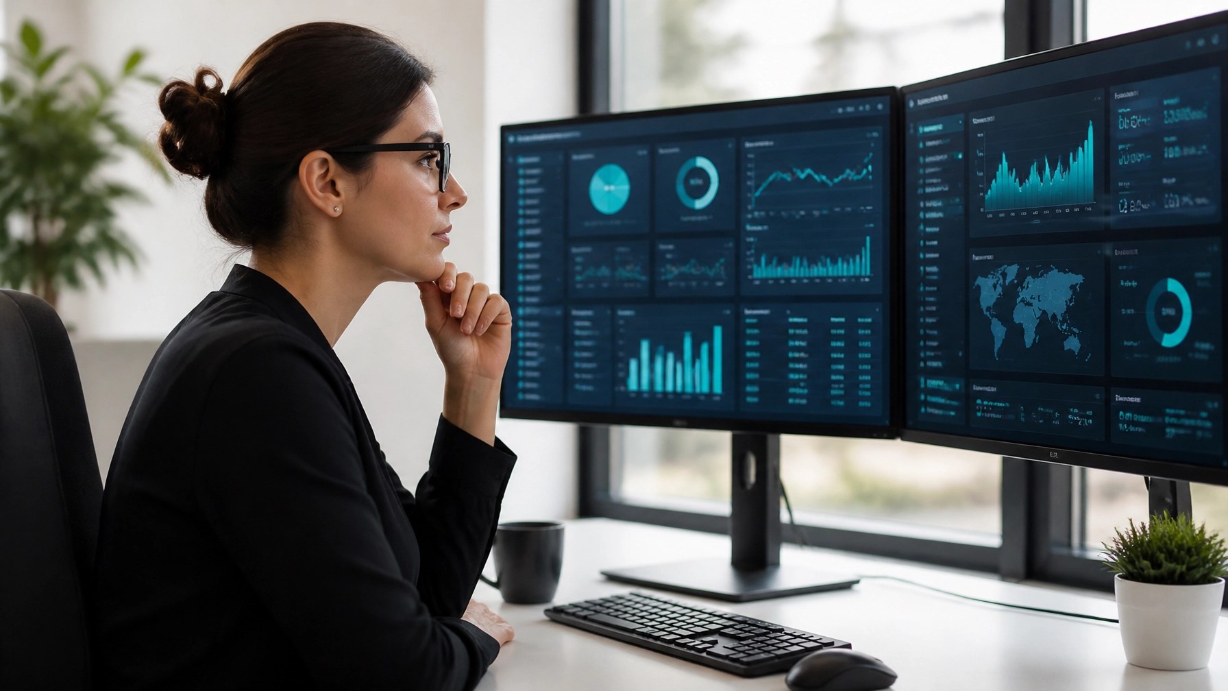 Professional solo operator calmly monitoring multiple screens to manage digital infrastructure resilience.