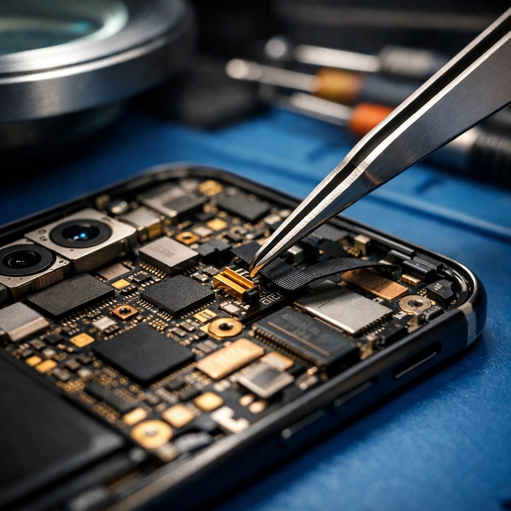 Technician performing precision internal iPhone screen repair on a professional workbench in Lethbridge.