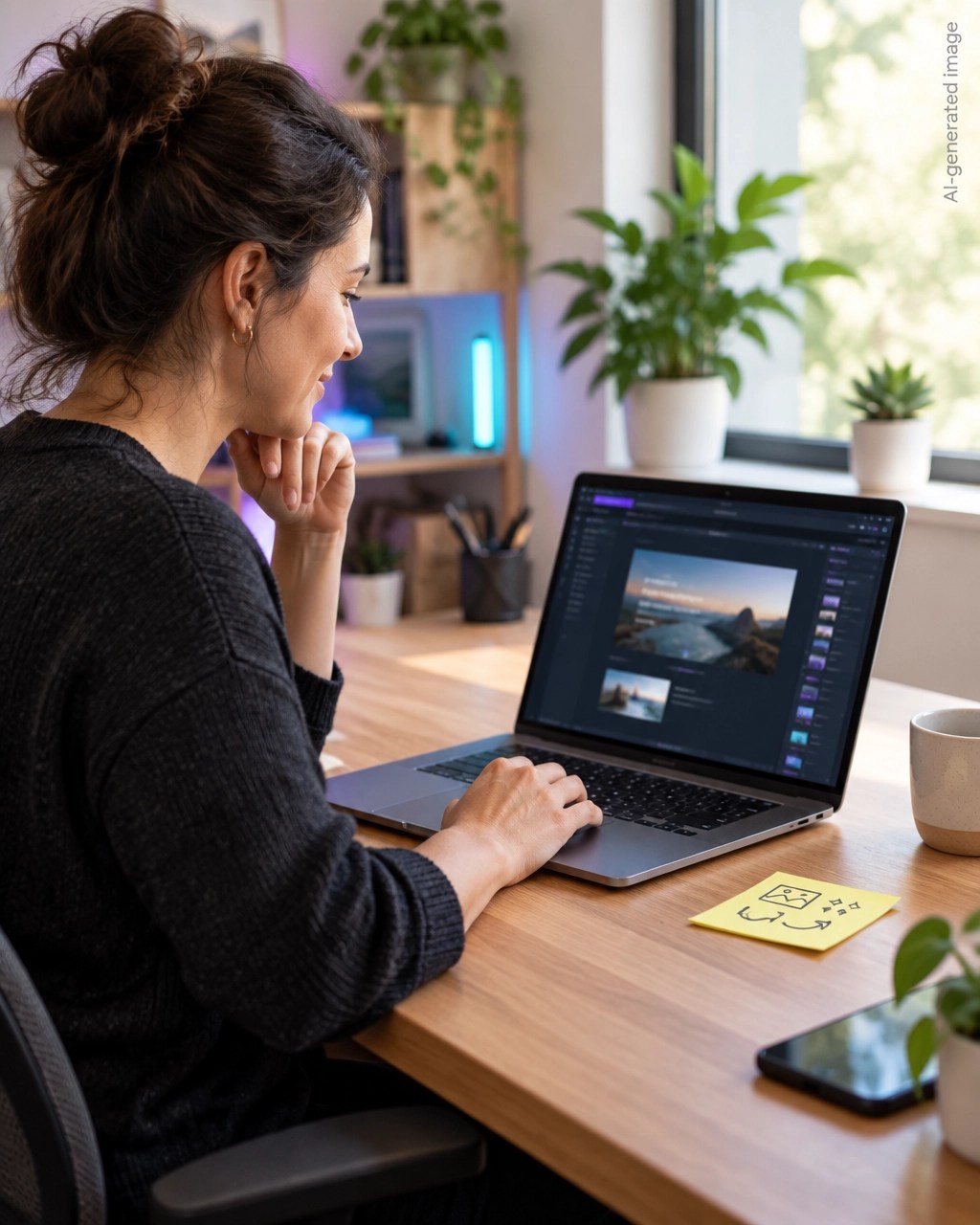 Small business owner reviewing a website image in a simple content editor