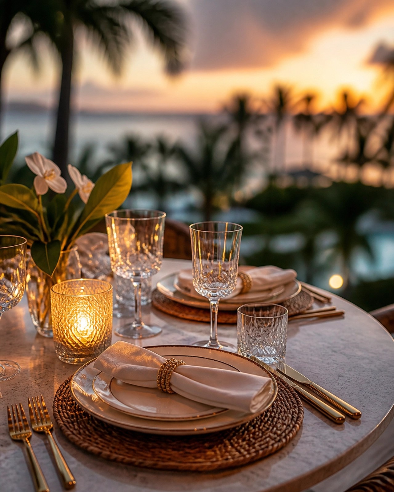 Elegant luxury resort dining table set for dinner at sunset