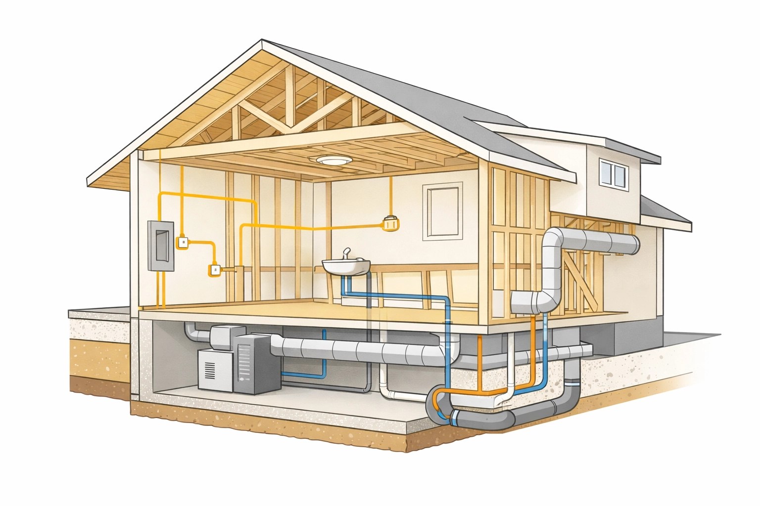 Custom home cross-section revealing construction layers, electrical, plumbing, and HVAC systems