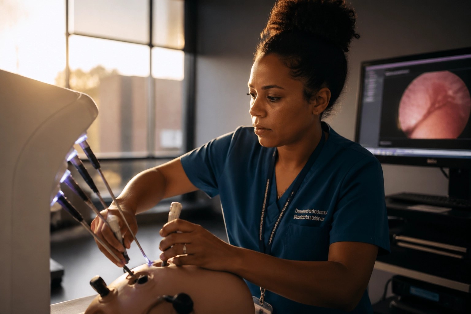 Student in healthcare scrubs training with medical simulation gear for a career pivot funded by Pell Grant.