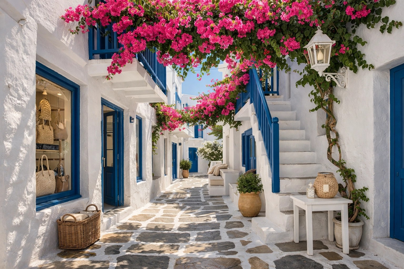 A charming whitewashed alleyway in Mykonos with blue accents and vibrant bougainvillea.