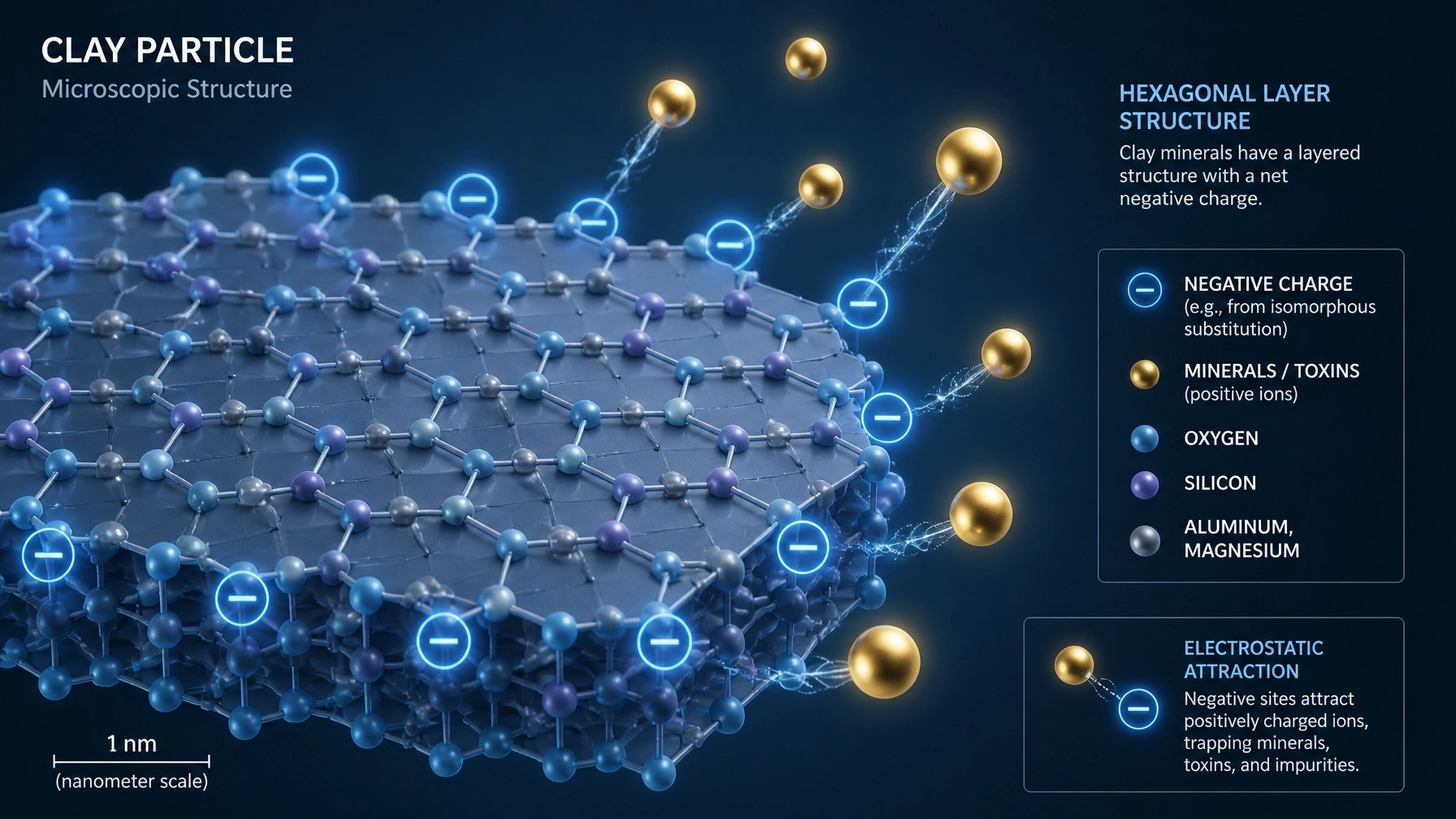 A scientific-looking illustration showing clay particles at a microscopic level with negative charges attracting toxins.