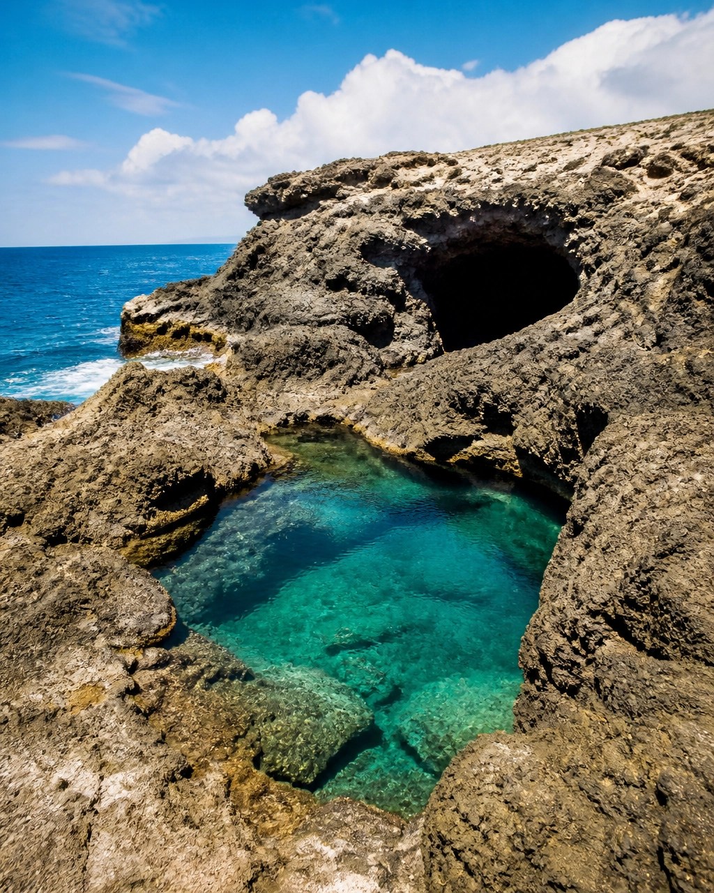 Aruba’s rugged coast with a sapphire natural pool beside volcanic rock and a cave opening