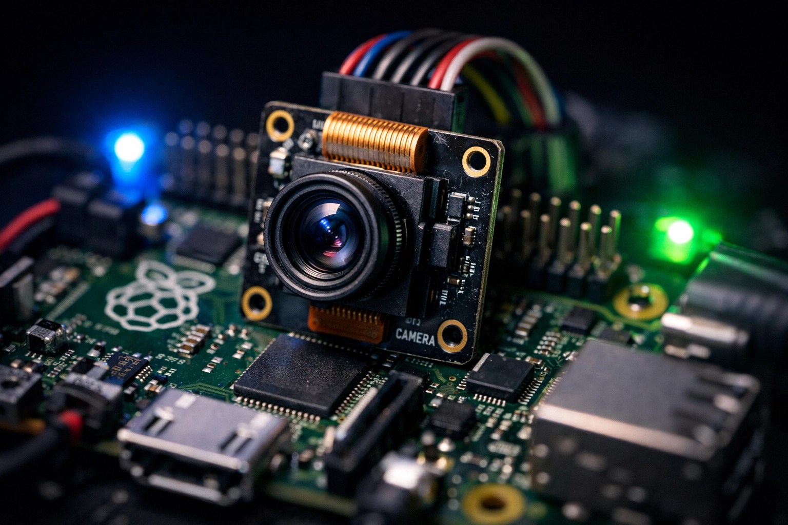 Raspberry Pi circuit board with camera module for drone umbrella tracking system