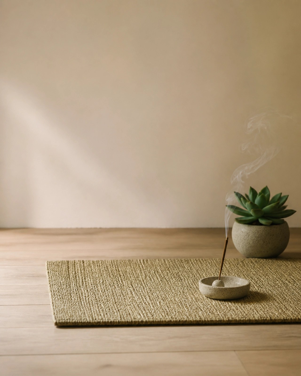 A tranquil meditation space with a woven mat, a stone incense holder, and soft natural light, creating a sense of order and peace.