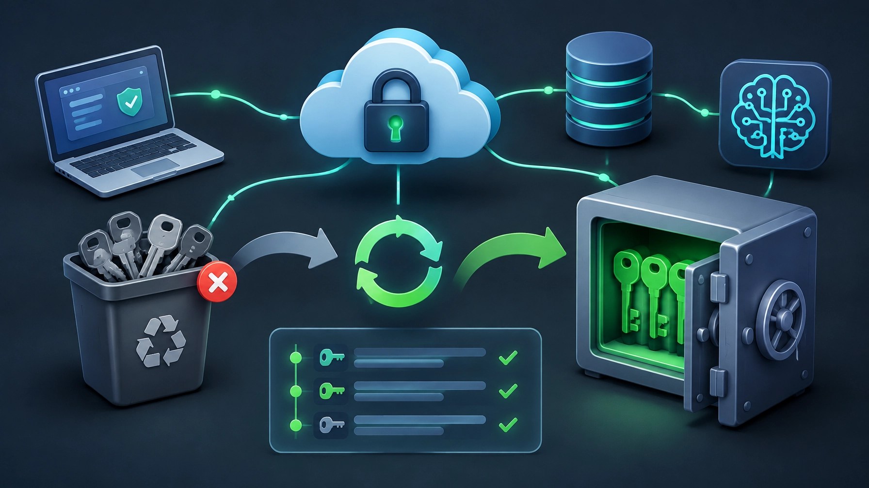 A laptop, cloud, and database connected by a visual trail of retired and refreshed access keys