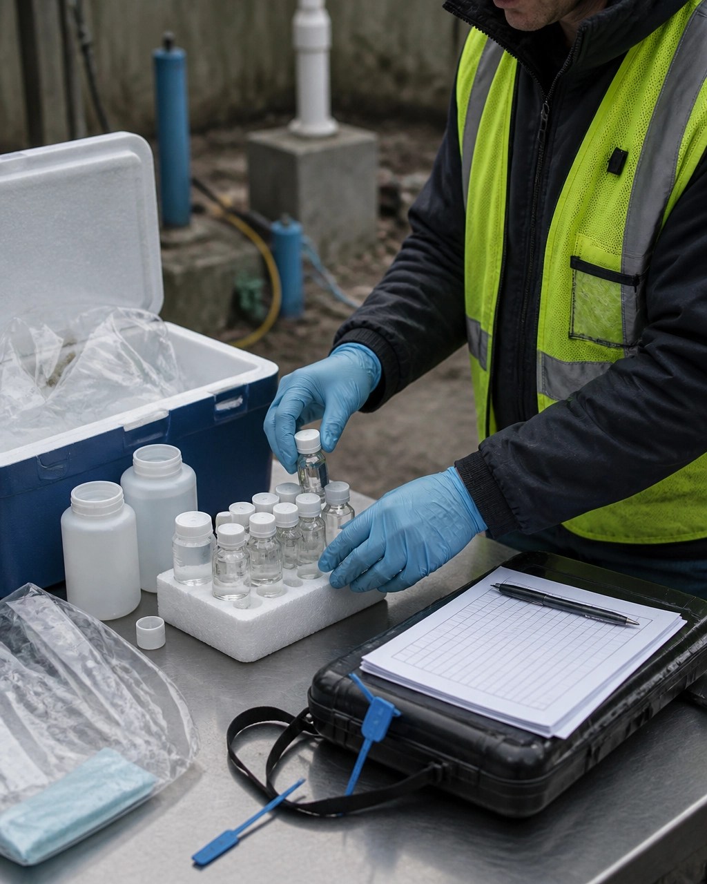 PFAS sampling materials, field blanks, sample vials, and chain-of-custody documentation prepared for laboratory shipment