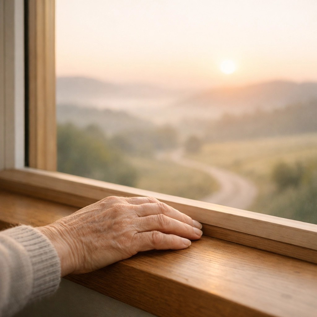 An elderly patient looking out at a rural road, highlighting the need for rural healthcare access.