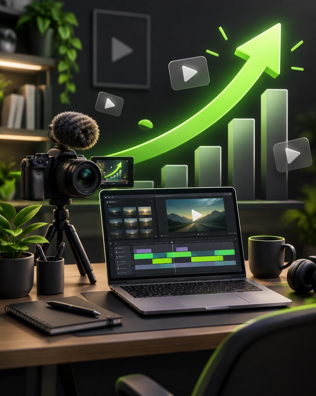 A creator workspace with camera equipment, a laptop, and a subtle green growth motif