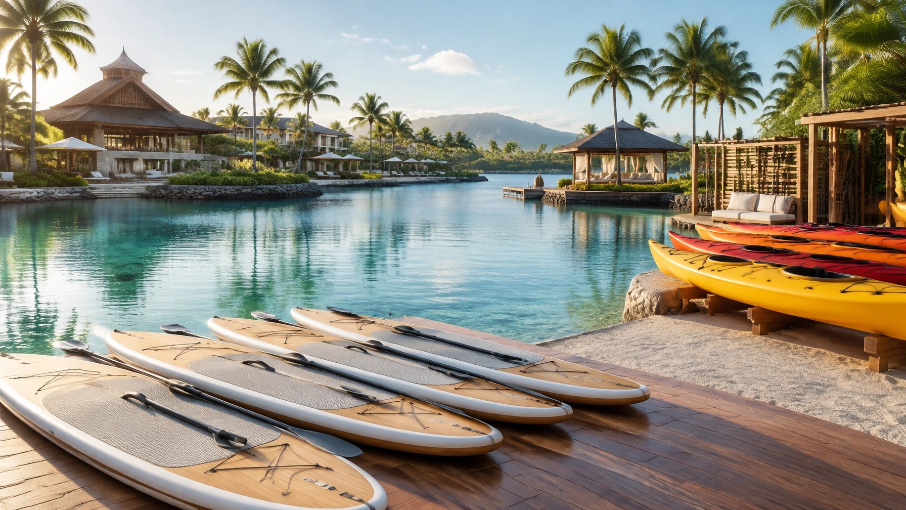 Empty kayaks beside a calm resort lagoon with tropical greenery