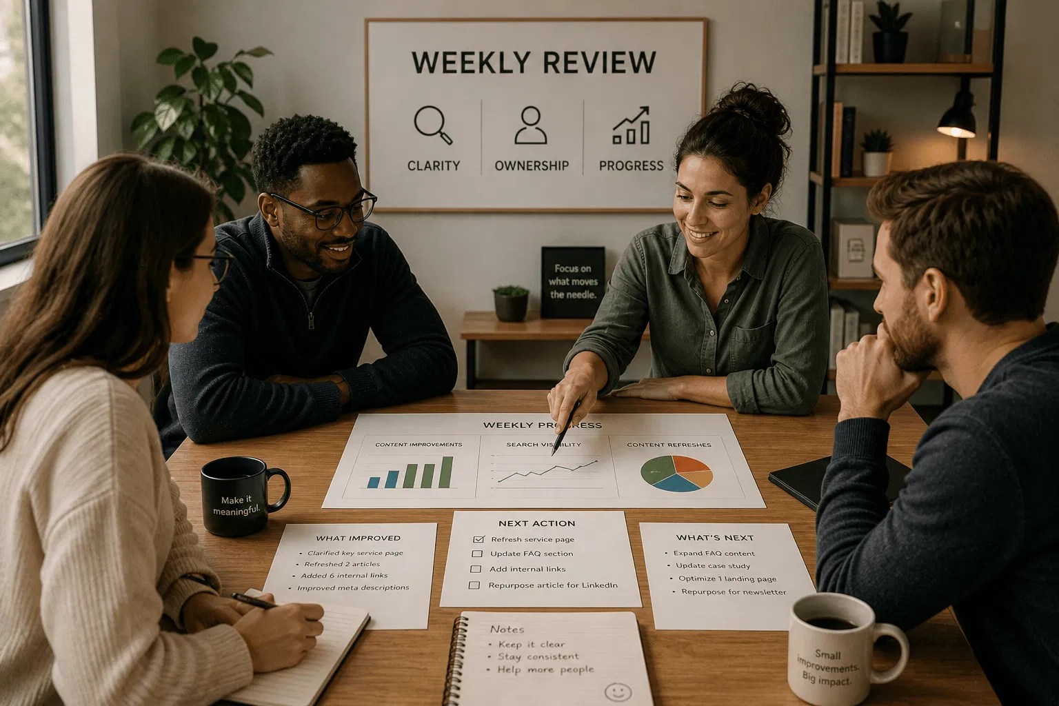 A small team reviewing content improvements and search visibility stats in a structured weekly meeting, highlighting collaborative progress.