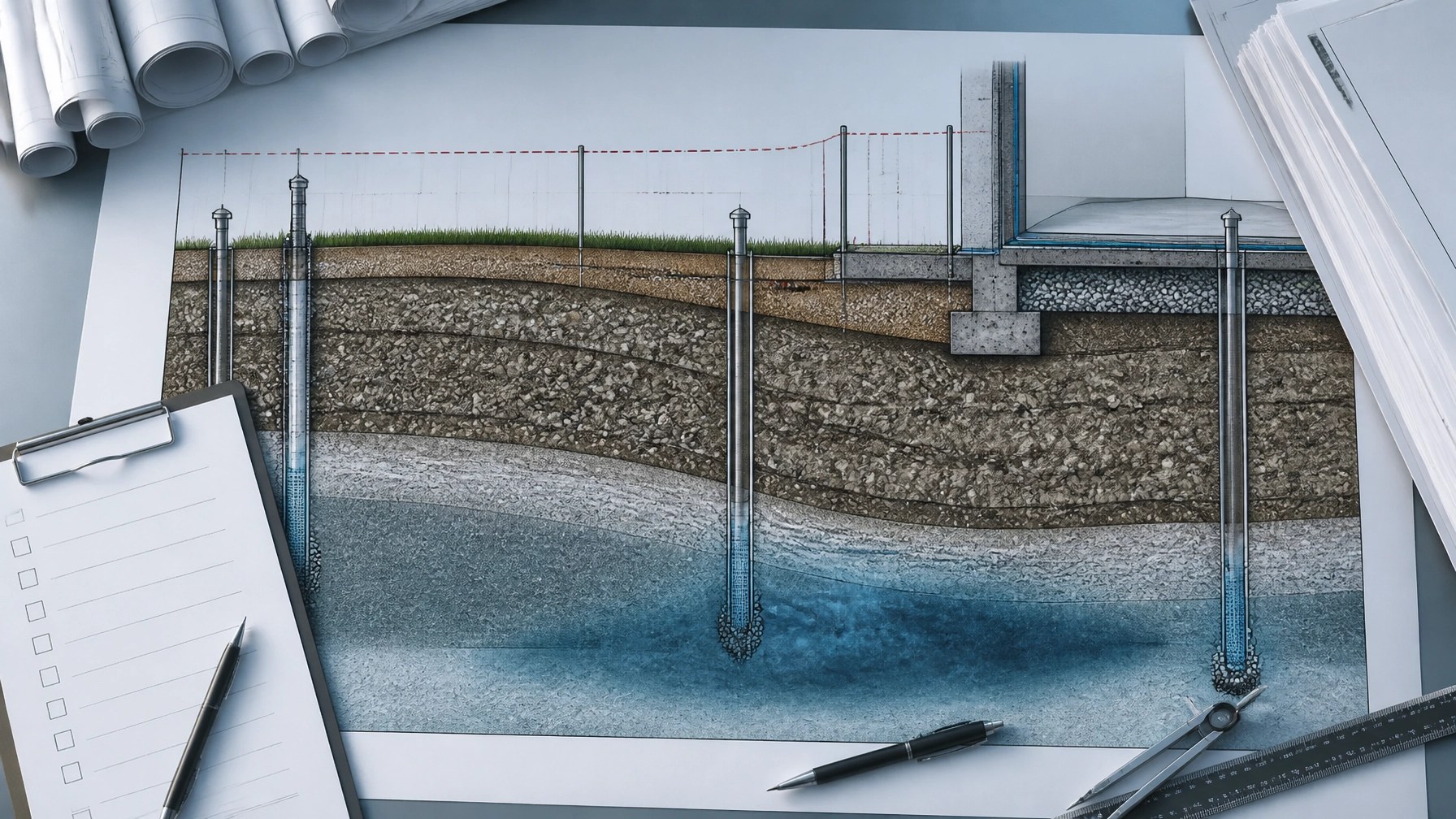 Engineering cross-section showing a soil cap, groundwater plume, monitoring wells, vapor barrier, and remedial action permit documentation