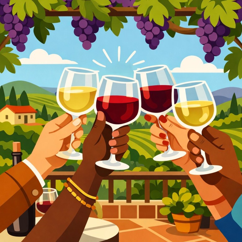 Friends toasting with wine at a stylish vineyard terrace during a Loudoun birthday wine tour.