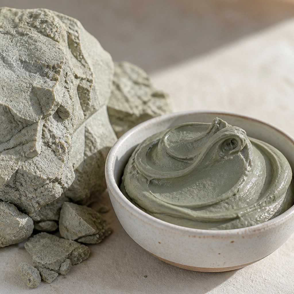 Close-up of raw French green clay and prepared paste.