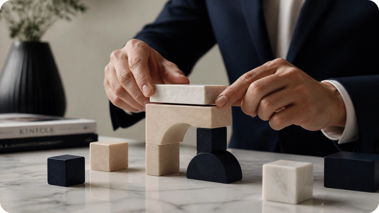 Abstract conceptual image representing the expert arrangement of strategic business elements.