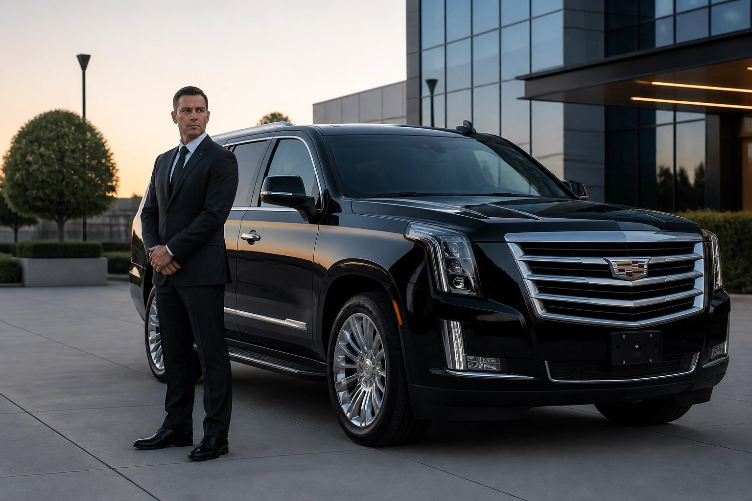 Professional chauffeur with a luxury black Cadillac Escalade for reliable O'Hare airport transportation.