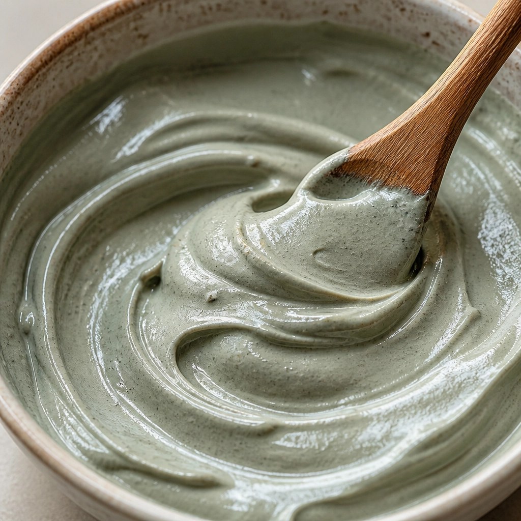 Macro view of rich French green clay paste