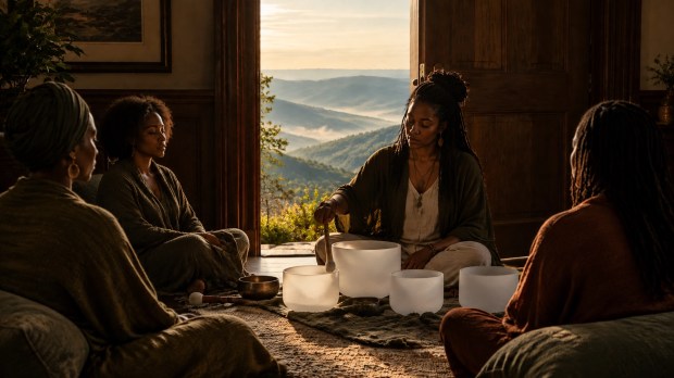 A small sound bath gathering with a Black woman facilitator and adult participants of color in a warm mountain room