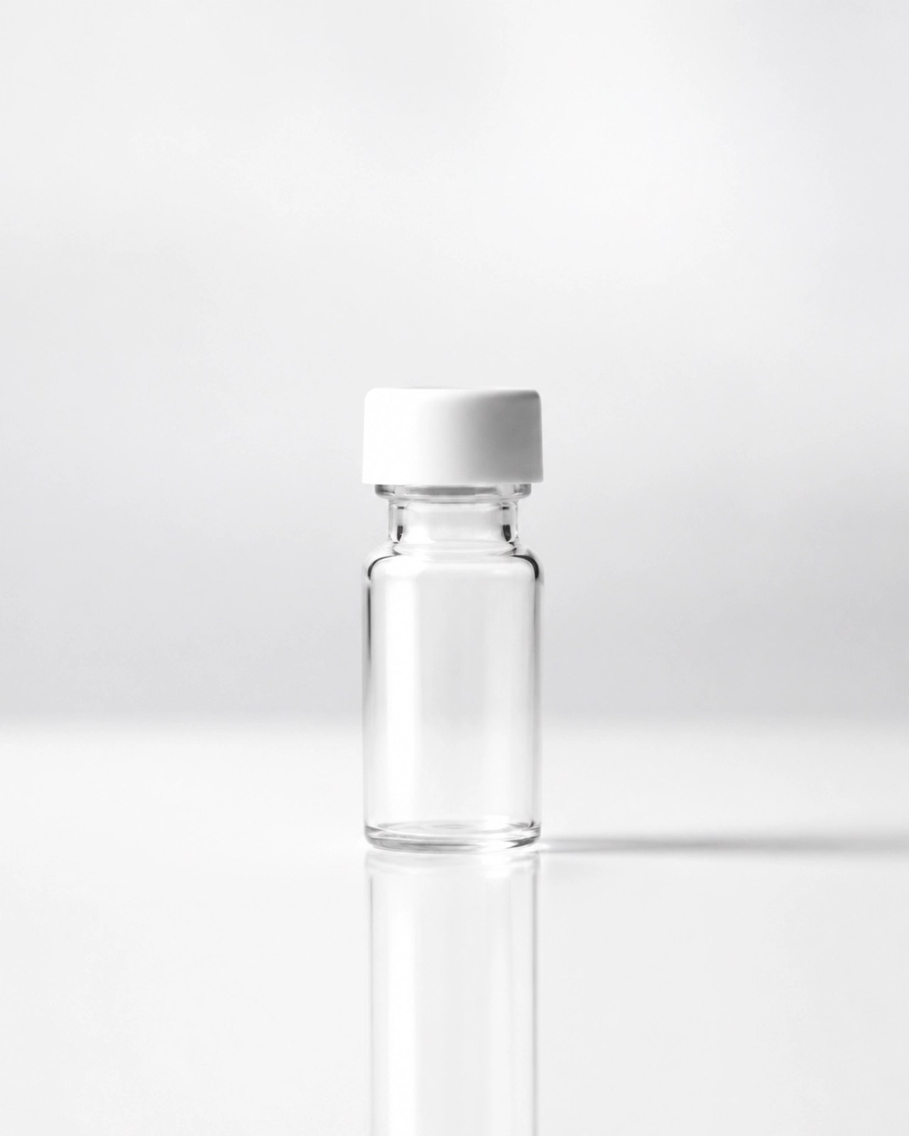 A small clear glass research vial with a white cap sitting on a polished white surface. Soft shadows, high-key lighting.