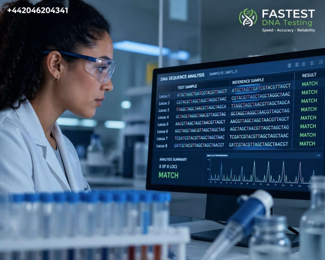 Scientist at a UK-accredited lab analyzing results for a legal paternity test or grandparent DNA test.