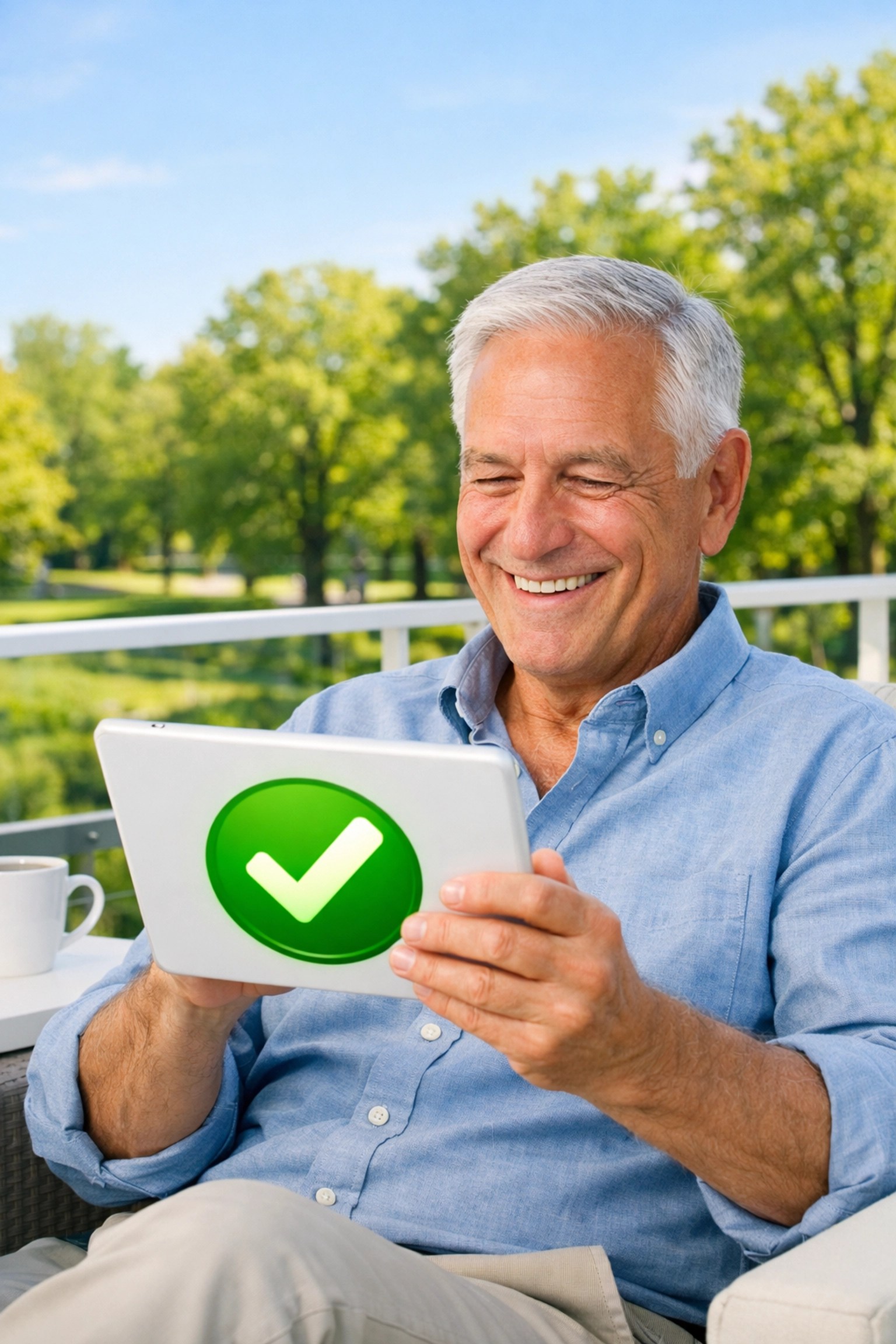 Happy senior man using a tablet to verify Medicare plan eligibility and provider networks.