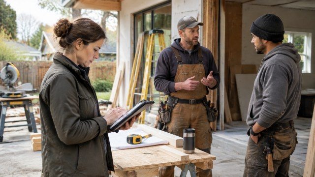 A project manager reviews a checklist with subcontractors at a remodeling site.