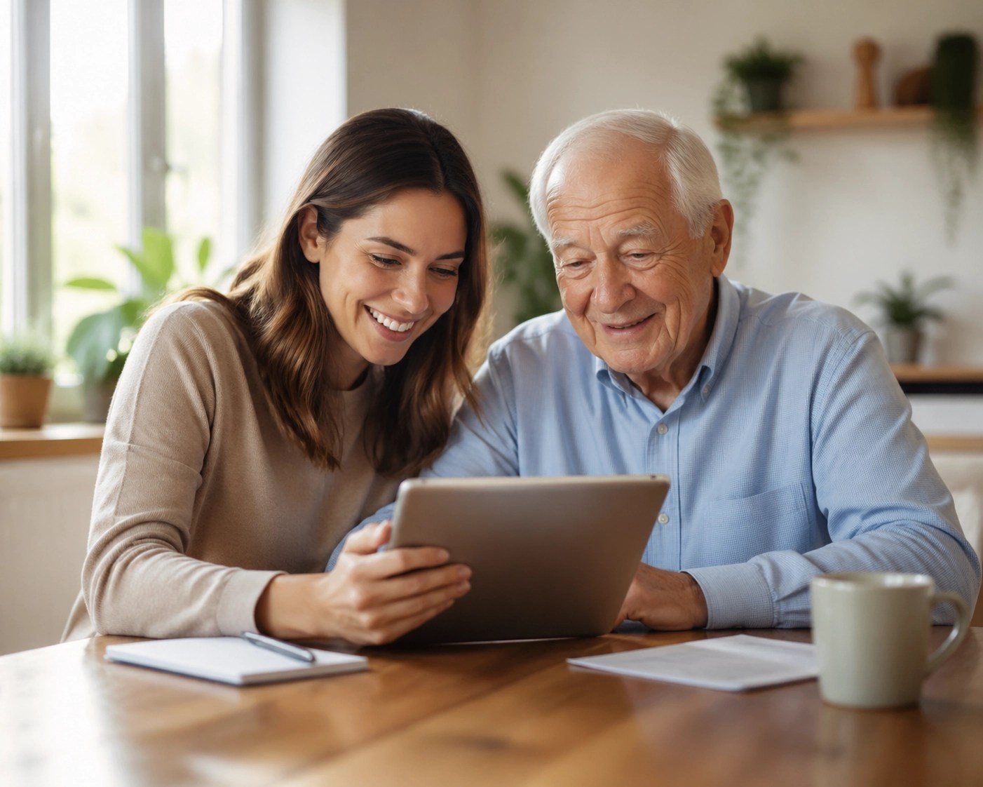 A caregiver helping an elderly father book recurring medical rides for reliable healthcare access.