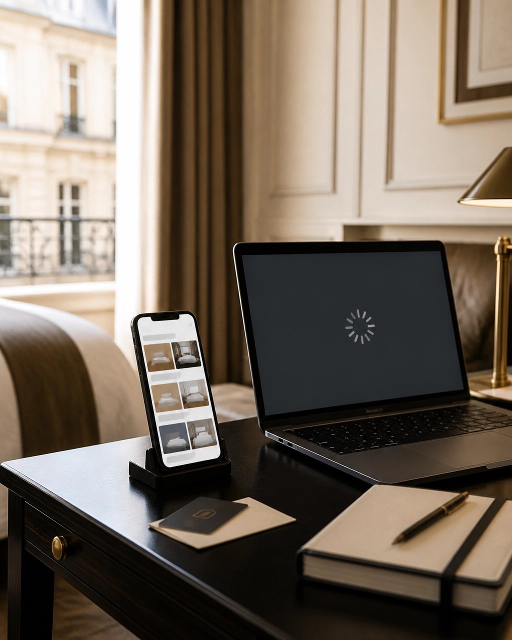 Hotel booking desk with smartphone, laptop, and abstract loading screen in a luxury suite