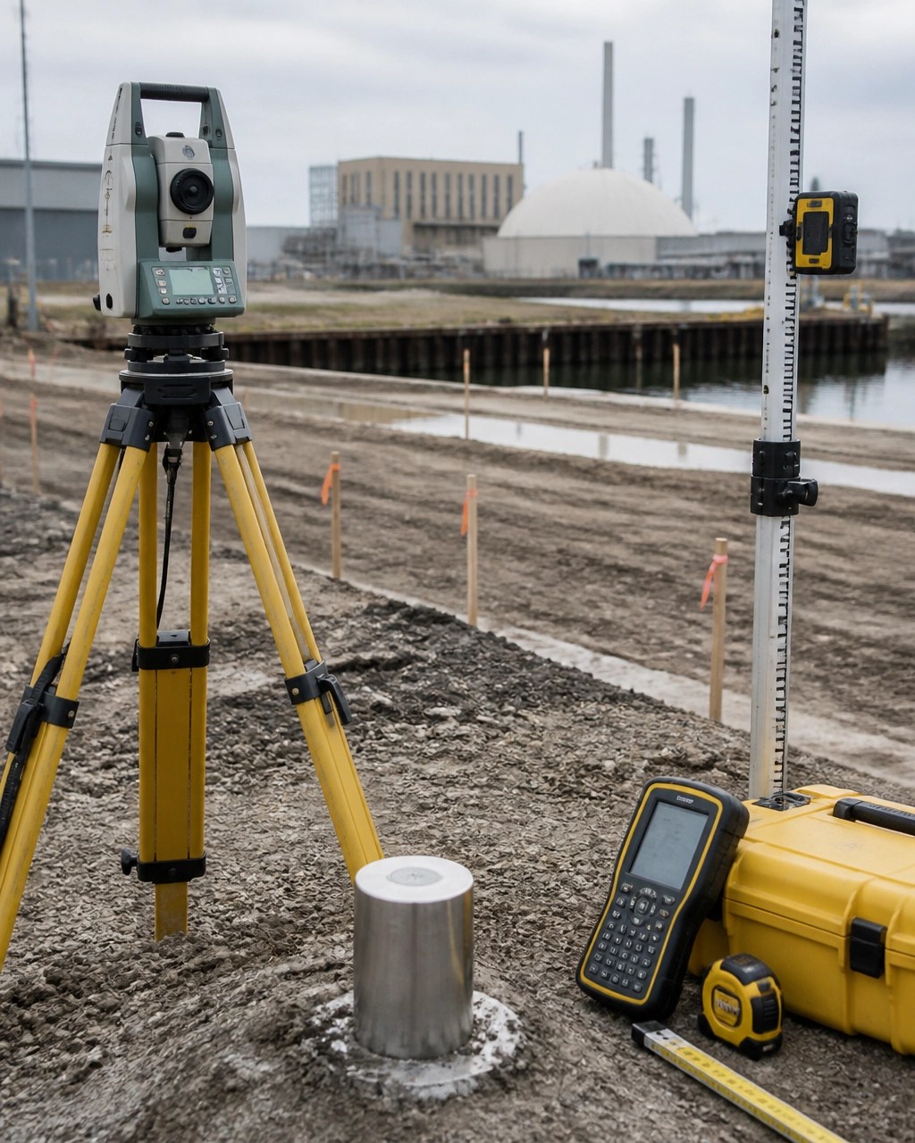 Survey equipment and flood-elevation field controls on a New Jersey waterfront development site