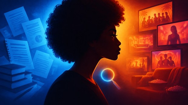 A dramatic side profile between study materials and a glowing television wall, with a magnifying glass