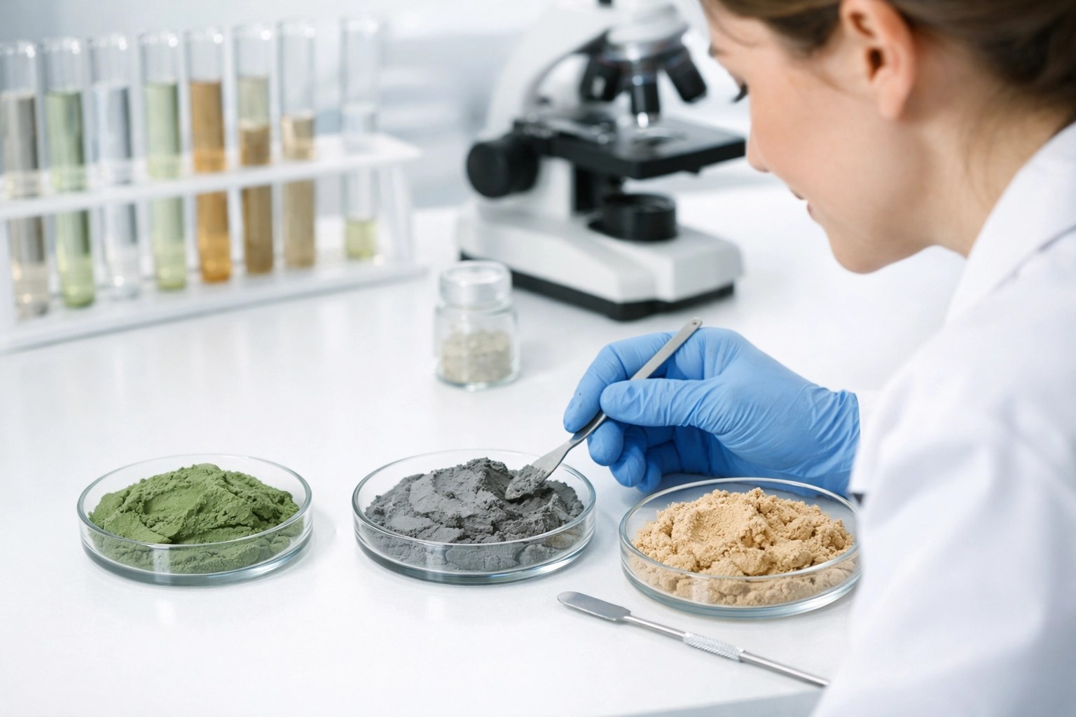 Laboratory testing healing clay samples for lead and heavy metal contamination